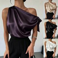 Best-selling satin asymmetric off-shoulder bow women's shirt shirt M juoda