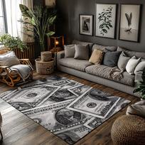 JAV dolerio rašto kilimas, juodai pilkas modernus kilimas svetainei, minkštas neslystantis sofos kilimėlis su finansų tema 60x90cm gray