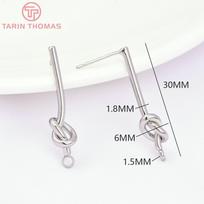 (3781)4PCS 27MM 35MM 24K Gold Color Plated Brass Long Line with Knot Stud Earrings High Quality DIY Jewelry Making Findings white