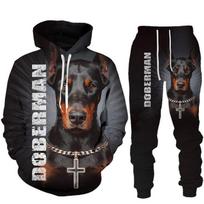 Vyriškas laisvalaikio sportinis kostiumas, 2 vnt., komplektas Dobermano aviganio šunų 3D spausdinimas Drabužiai Unisex megztinis Hoodies Kelnių kostiumas S-6XL 5XL gray