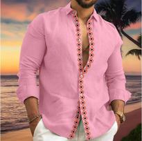 Hot-selling simple business men's long-sleeved lapel shirt cardigan single-breasted 1D digital printing solid color 5XL pink