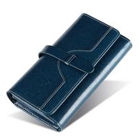 Women's Genuine Leather RFID Clutch Wallet - Long, High-End Retro Style with Anti-Theft Features mėlyna