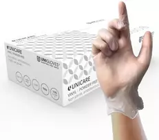 Unigloves Unicare Gs0062 universalios vinilinės be pudros, be latekso, vidutinio svorio vienkartinės pirštinės, 100 vnt. dėžutė, skaidrios, mažos