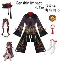 Genshin Impact Hu Tao Cosplay Rinkinys Perukas Skrybėlaitė Paltas Apyrankė Žiedai Ugnies Vizija Kojinės Moterims Helovinas Anime Žaidimo Vaidmenų Kostiumas M&Other black