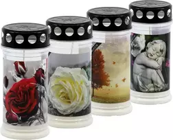 Horeca Candles kapų žvakės, dega 4 dienas - 4 kapų žvakių rinkinys su dangteliu - baltas vaškas - laidotuvių žvakės su motyvu - kapinių žvakė kapo dekoravimui