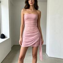 Hot-selling hot diamond mesh yarn tube top, hip skirt, double-sided pleated waist irregular streamer backless tight party skirt S šviesiai rausvos spalvos
