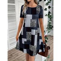 Spring and Summer Best-selling Geometric Printed Color Block Dress Comfortable and Casual Round Neck Short-sleeved Dress for Women 8XL black