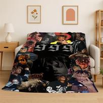 retro Juice WRLD 999 Legenda Raperis Žvaigždė Flanelinis pledas Minkštas šiltas pledas miegamajam svetainei lovai kelionėms stovyklavimui Size: 75*100cm, Weight: 230 GSM black