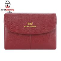Royal Bagger RFID Blocking Women's Short Wallet Genuine Leather Multi-card Slots Card Holder Trifold Purse Magnetic Opening 2063 vyno raudonos spalvos