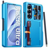 Samsung Galaxy Z Fold 8 Ultra dėklas su rašiklio laikikliu, kortelių laikikliu, RFID blokavimu, vyrių apsauga ir ekrano apsauga - Juodas šviesiai mėlyna spalva