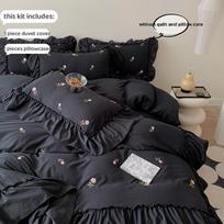 3 vnt. su rožių siuvinėjimu patalynės užvalkalų komplektas (1 * Antklodės užvalkalas + 2 * Pagalvės užvalkalas, be šerdies), Nėriniuotas princesės patalynės komplektas 180x210cm&set juoda