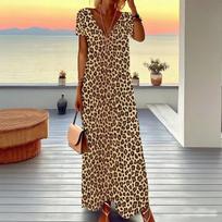 Women Plus Size V Neck Short Sleeve Maxi Dress Vintage Leopard Animal Print Lightweight Summer Resort Long Dress 8XL beige