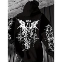 Hot selling autumn and winter men's Gothic angel print soft and comfortable hooded sports outdoor streetwear XS gray