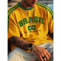 Brazilija Rio De Žaneiras Vėliavos Marškinėliai, Dryžuotos Rankovės BRASIL Raidžių Spaudinys Laisvalaikio Viršutinė Dalis Patriotiškiems Brazilijos Gerbėjams Kasdieniniai Gatvės Drabužiai 6XL yellow