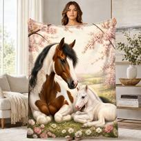 Cherry Blossom Pinto Mare And Foal Coral Fleece Blanket 125cm*150cm