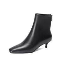 Natūralios odos moteriški batai Žieminiai avikailio ankle boots Madingi užtraukiami moteriški batai Minimalistinis kvadratinis priekis Plonas kulnas Rankų darbo batai 35 black