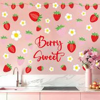 Boho Strawberry Fruit Wall Stickers, Floral Self-Adhesive Decals for Kids Room, Nursery and Kindergarten Wall Decor Colorful Summer Playroom Design red