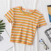 Nauji marškinėliai Moteriški vaivorykštiniai dryžuoti viršūnės Slim Fit marškinėliai Harajuku marškinėliai Vasariniai trumpomis rankovėmis korėjietiški marškinėliai moteriški drabužiai. M oranžinė