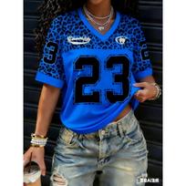 Hot Selling Women Number 23 Leopard Print Comfortable Breathable Loose V-Neck Short Sleeved Baseball T-Shirt Women T-Shirt 6XL blue