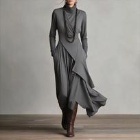 European size women's clothing hot-selling spring and autumn clothing solid color long-sleeved cross, high collar, long dress S gray