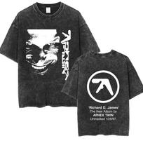 2027 Cool Washed Vintage Aphex Twin Graphic T Shirt Men Women Korean Fashion Trend Short Sleeve T-shirt Men's Casual Cotton Retr L gray