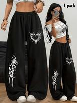 Street Fashion Women'S Flame Heart Print Wide-Leg Pants Casual Outing Leisure All-Match Long Trousers S white