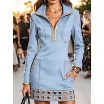 New Women's Long Sleeve Denim Dress, Hot Selling Casual Dress for European American, Crossborder Women's Denim Dress XL šviesiai mėlyna spalva