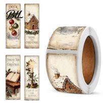 Self Adhesive Holiday Stickers Christmas Coated Paper Sealing Sticker, Retro Hand-drawn Santa Claus Snowman Elk Craft Tape Design, Decorative for Gift D beige