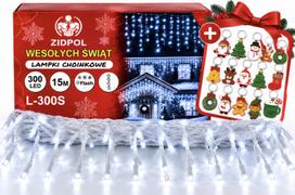 Lauko girlianda, 15 metrų, 300 LED varvekliai ZIDPOL L-300S su baltu laidu, šaltai balta flash + pakabukas