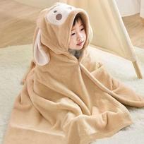Hooded Coral Fleece Children's Bathrobe: Quick-Drying, Absorbent, Cartoon Towel Wrap 90×150 cm chaki