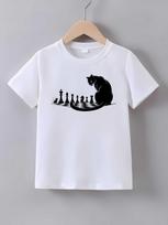Black Cat Playing Chess Board Game Print T Shirt Family Matching Outfit Boys Girls Kids Short Sleeve Children Daily Tees 130 white