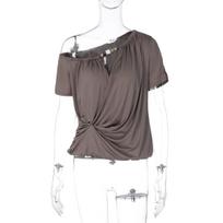 Europe and the United States hot-selling women's clothing summer new fashion diagonal collar short sleeve pleated waist solid color top wholesale L