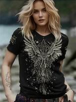 Best-Selling Women's Casual Fashion T-Shirt: Black Angel Wings Print Round Neck Short Sleeves Trendy Streetwear Top M gray
