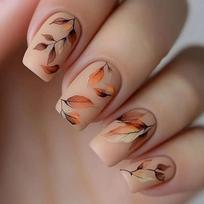 24 pieces of hot-selling nail art, simple and elegant in autumn and winter, with a rectangular wearing nail in a warm-colored leaf pattern Free jelly glue + rubbing strips brown