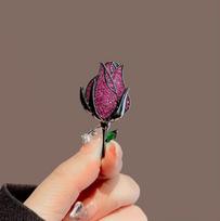 Retro Rose Brooch Classic Elegant Flower Bud Colorful Shiny Zircon Coat Suit Mysterious Purple Accessory Gift pink
