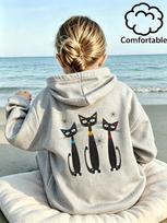 Teen Girls Grey Black Cat Graphic Hoodie Mid-Century Retro Printed Sweatshirt School Clothes Birthday Gift Autumn Tops 110 gray