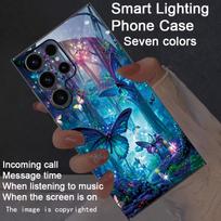 LED dėklas Samsung Galaxy S25 S24 S23 S22 Ultra Plus FE A35 A55 A15 A56 A16 5G švytintis drugelio medžio stiklinis telefono dėklas apšvietimas A16 5G blue