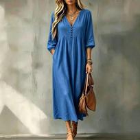 Best-selling European and American style V-neck button long dress, casual loose fashion women's dress L blue