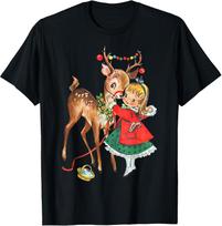 Vintage-Inspired Christmas Reindeer And Girl Mid Century Unisex T-shirt Unisex T-shirt XXXL brown