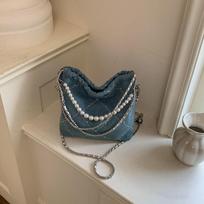 Hot Selling New Denim Pearl Chain Handbag Light Blue Women Crossbody Bag Fashi Casual Daily Shoulder Messenger Bags gray