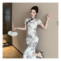 Summer temperament slim-fitting disc-buckled stand-up collar printed dress women's national style improved cheongsam hip-wrapped split-fork dress XL gray