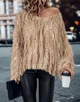 TK hot-selling European and American women's clothing autumn and winter sweater jacket fashionable handmade fringed knitted pullover XL brown