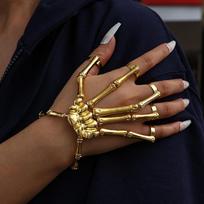 Hot-selling Exaggerated Gold Plated Alloy Skeleton Skull Ghost-claw Fingerless Bracelet-Halloween charm bangle brown
