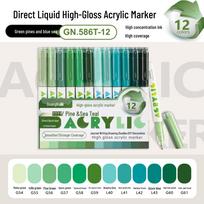 Wide Range 586 Liquid Ink Highlighter: 288-Color Acrylic Marker & Journal Pen with Large Capacity 856D: 12 Colors (Azure Mist)