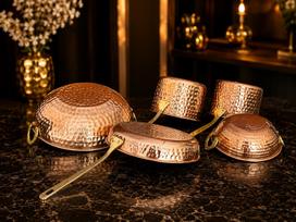 Pure Copper Cookware Set – Fry Pan, Sauce Pan & Kadai | Handmade Traditional Copper Cooking Set | Premium Kitchen & Serving Collection M brown