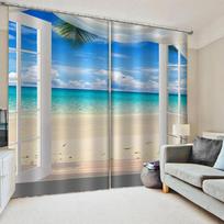 Hot Selling Nature Seaside Beach Scenery 3D Ocean Landscape Modern Window Curtains for Living Room Bedroom Decor 2 Pieces W70xH185(CM)x2pcs&Grommet Top gray