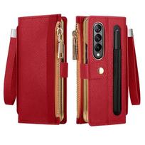 Odinis piniginės dėklas, skirtas Samsung Galaxy Z Fold 6 4 3 2 5 5G su rašiklio laikikliu kortelės lizdo užtrauktuku atverčiamas dangtelis For Galaxy Z Fold 4 raudona