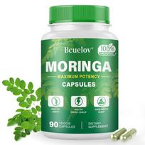 Bcuelov Moringa Capsules, containing 800 mg of pure Moringa leaf powder in plant-based capsules; helps improve sleep; 90 capsules per bottle.