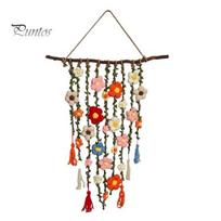 Rustic Home Decoration Bohemian Crochet Flower Hanging Tapestry, Handmade Tassels Decor Easy to Install Wall Ornaments with Wooden Stick, Living Room beige