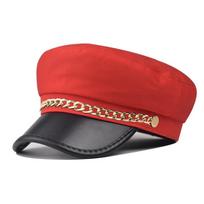 Gold Chain Decor Newsboy Cap PU Leather Peaked Cap Retro Beret Hat  Autumn Winter raudona